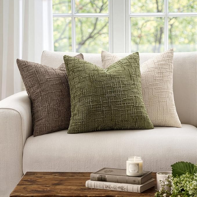 MIULEE Chenille Textured Throw Pillow Covers Olive Green 20x20 Set of 2 | Slubby Decorative Pillows, Boho Farmhouse Home Decor, Modern Neutral Cushion Covers for Couch Sofa Bed Living Room