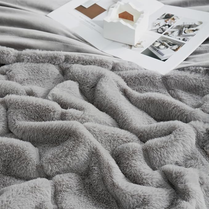 Cozy Bliss Deluxe Sheared Rabbit Faux Fur Throw Blanket, Grey 60"x80" | High-Low Sculpted, Soft Fuzzy, Plush Blanket for Couch, Cozy Home Accent, All Season Use