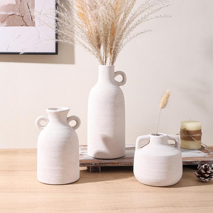 Ceramic Vase Set, 3Pcs Flower Vases for Modern Boho Farmhouse Decor, Decorative Vases for Pampas Grass & Dried Flowers, Distressed Finish