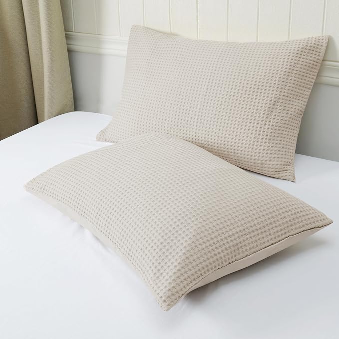 100% Egyptian Cotton Waffle Weave Pillowcases Standard Size 2 Pack | Ultra Soft Pillow Shams with Envelope Closure, Breathable Skin-Friendly Decorative Bed Pillow Case, Beige, 20"x26"