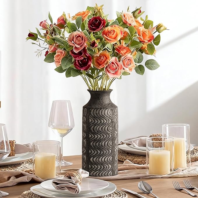 Black Ceramic Vase, 11 Inch Tall Vintage Flower Vase for Decor | Decorative Cylinder Vase Adds Farmhouse Charm to Centerpieces, Table, Shelf, Living Room,Bedroom