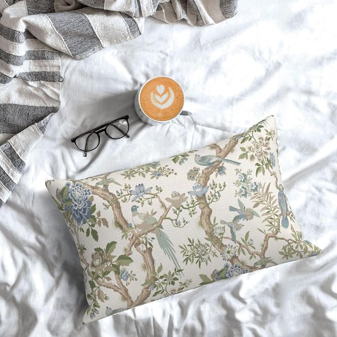 Blue Green Floral Bird Pillow Covers 12x20 Set of 2 Chinoiserie Throw Pillows Green Vintage Flowers Bird Decorative Pillow Cases Outdoor Farmhouse Lumbar Decor Cushion Case for Couch Sofa
