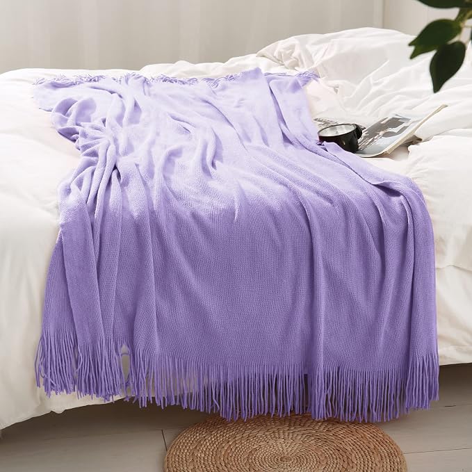 Homiest Lavender Knitted Throw Blanket with Fringe, 50x60 Inch | Pure Acrylic, Lightweight & Breathable, All-Season Use, Machine Washable, Wrinkle & Fade Resistant, for Couch Sofa And Bed
