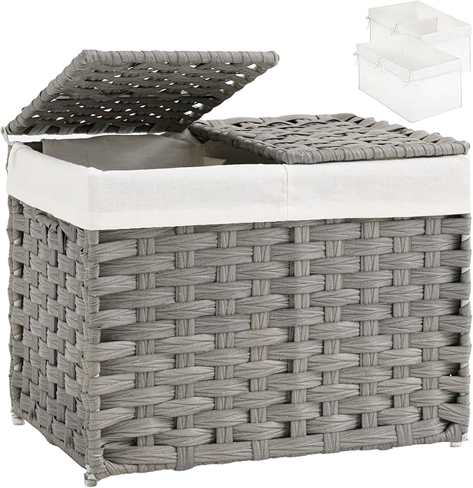 SETVSON Storage Basket with Lid, 9.2 Gal PE Rattan Trunk, Gray | Decorative PE Rattan Furniture Look for Bedroom, 2 Separate Lids, 2 Liners with Divider for Apparel & Essentials