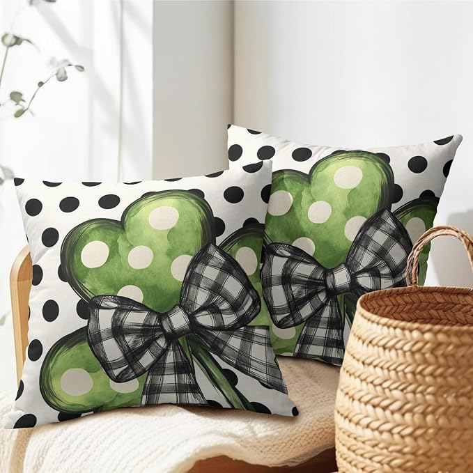 Kawani St Patricks Day Pillow Covers 16x16 Set of 2 Green Lucky Shamrock Leaf Polka Dots Pillowcase Cotton Linen Square Cushion Case for Couch Sofa Bedroom Living Room Outdoor Decor