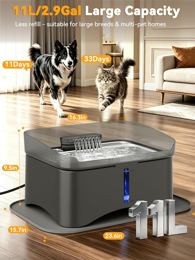 11L Elevated Dog Water Fountain No-Spill with 4 Heights Adjustable | Large Capacity, No-Splash, Anti-Slip Mat, 304 Stainless Steel Tray, 5-layer Filtration, for Senior/Large Dog & Multi-Pet Home