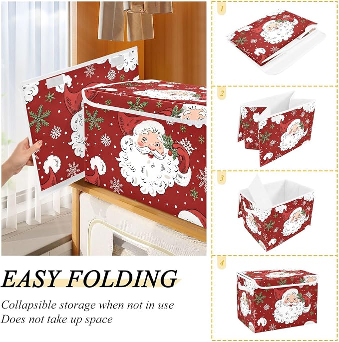 Christmas Santa Claus Storage Bins with Lids and Carrying Handle,Foldable Storage Boxes Organizer Containers Baskets Cube with Cover for Home Bedroom Closet Office