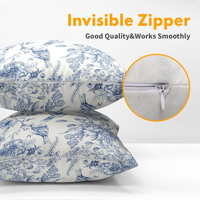 Kawani Chinoiserie Blue Floral Pillow Covers 20x20 Inch, Set of 2 Vintage Flowers Hummingbirds Cotton Linen Square Pillowcase Cushion Cover for Couch Sofa Garden Patio Bedroom Livingroom