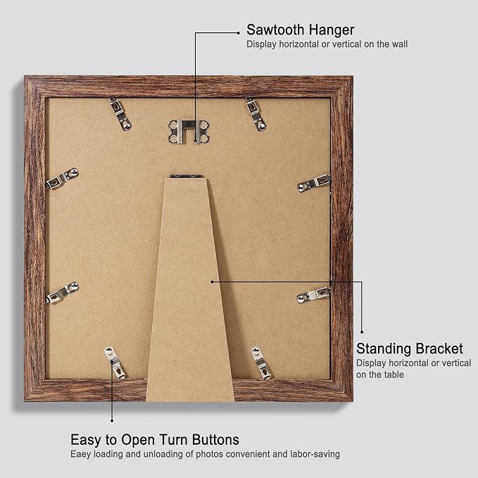 Hongkee 10x10 Picture Frame Set of 4, Made of Glass and Rustic Brown Wooden Frame - Display Picture 8x8 with Mat or 10 x 10 Without Mat, 10 by 10 Photo for Wall or Tabletop