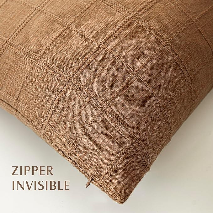 Foindtower Set of 2 Decorative Linen Check Throw Pillow Covers Neutral Farmhouse Vintage Cushion Covers Cozy Modern Boho Home Decor for Sofa Chair Couch Bedroom Living Room,14×36 Inch,Brick