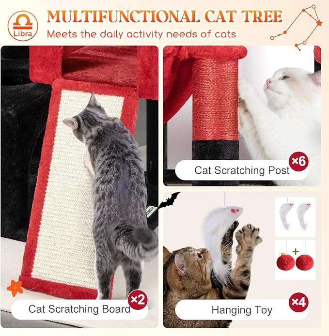 Globlazer Heavy Duty Cat Tree 78 inch Sturdy Gothic Cat Tower for 20lbs Large Adult Cats, Symmetrical Aesthetic Big Goth Cat Tree with Extra Large Platform, 2 Scratching Boards, Z78, Black Red