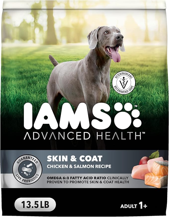 IAMS Advanced Health Skin & Coat Dry Dog Food, Chicken & Salmon, 13.5 lb | Vet-recommended, Omega 6:3 fatty acids, zinc & vitamin E, real chicken #1 ingredient, real salmon, no artificial flavors