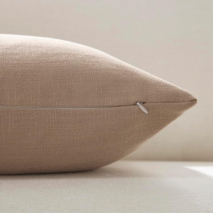 Meekio Set of 2 Camel Throw Pillow Covers 18x18, Modern Farmhouse Linen Blend Decorative Pillow Covers for Couch Sofa Bed, Neutral Home Decor