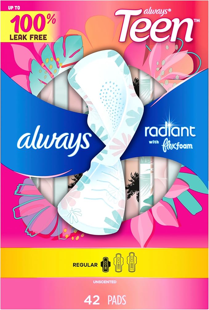 Always Radiant Teen Pads, Size 1, Regular, with Wings, Unscented, 126 Count, Pakc of 3