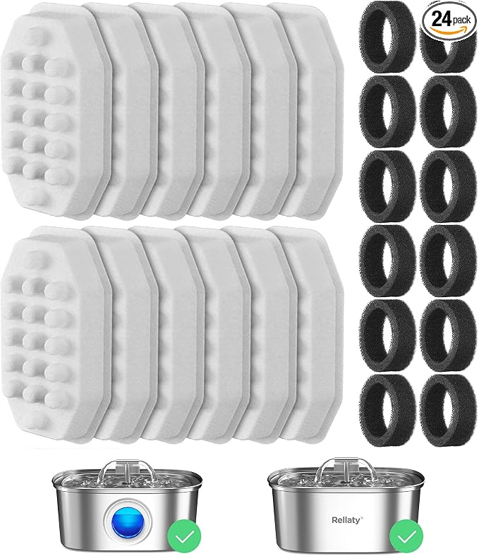 Rellaty Official Cat Fountain Filters Replacement | For 3.2L/108oz Automatic Pet Water Fountain - Includes 12 Sponge Filters & 12 Carbon Filters