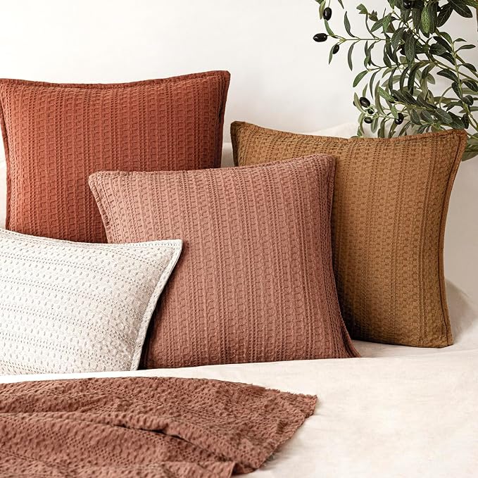 Foindtower Set of 2 Decorative Cotton Waffle Weave Throw Pillow Covers Euro Shams Cushion Covers Accent European Pillowcase for Bed Couch Sofa Bedroom Living Room Home Decor 26×26 Inch Coral Pink