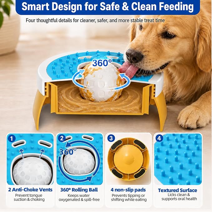 KILIN Slow Feeder Dog Licking Bowl with Rolling Ball,4 Non-Slip Pads,8fl oz