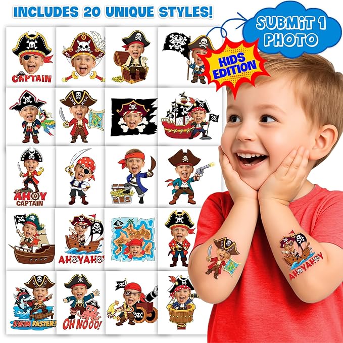 Custom Pirate Temporary Tattoos for Kids - Personalized Pre-Cut Face Photo Tattoos - Fun Birthday Party Favors for Boys, Pirate Fans - Set of 20 Unique Celebration Gifts