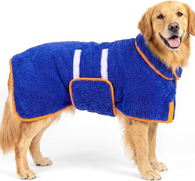 Dog Bathrobe, Super Absorbent for Small to Large Dogs, Dark Blue XL | Dog Robes with Soft Fleece, Warm & Cozy, Adjustable Fit, and Quick Drying Coat for Baths Swimming and Grooming