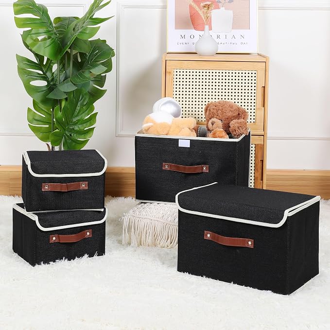 ANMINY Fabric Storage Box Bins with Lids, Black, 15"x10"x10" | Keepsake Memory Storage, Cotton Linen, PP Board Reinforced, Washable, PU Handles, Foldable & Stackable, Decorative, Large