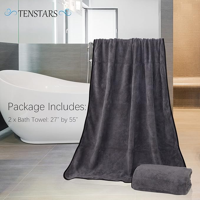 TENSTARS Silk Hemming Bath Towels for Bathroom Clearance - 27 x 55 inches - Light Thin Quick Drying - Soft Microfiber Absorbent Towel for Fitness, Sports, Yoga, Travel, Gym - 2 Pack, Dark Grey