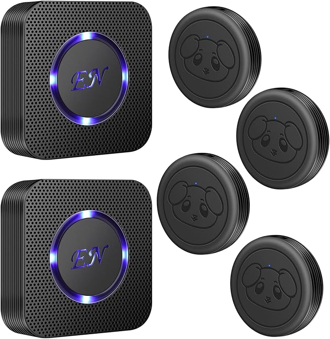 Dog Door Bell Wireless Doggie Doorbells for Potty Training with Waterproof Touch Button Dog Bells Included 2 Receivers and 4 Transmitters, Black