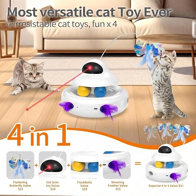MOHAYA Cat Toys，4-in-1 Interactive Cat Toy for Indoor Cats with Laser, Fluttering Butterfly, Moving Feather and Track Balls - USB Rechargeable Self-Play Kitten Toy (White)