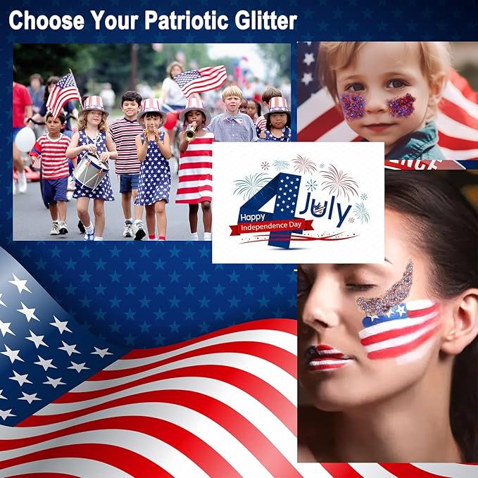 Boko 50ML Body Glitter Gel, Red White Blue 4th of July Chunky Glitter for Face Hair Body Makeup, Patriotic Glitter for USA Independence Day Memorial Day Veterans Day Flag Party Rave Accessories