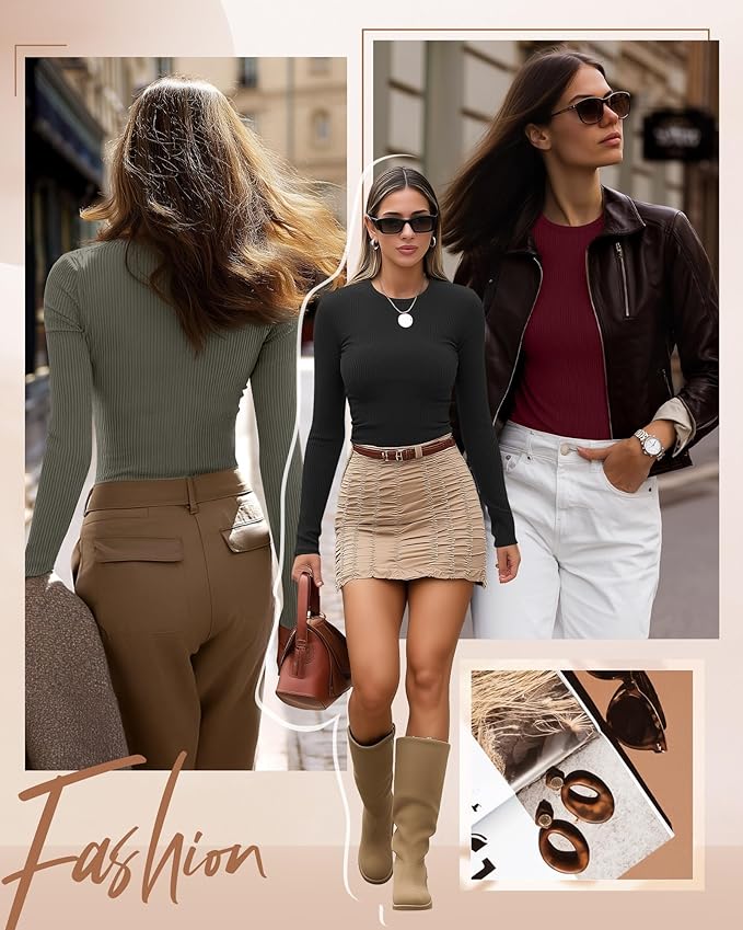 Ficerd 3 Pack Women's Ribbed Long Sleeve Tops, Crew Neck Slim Fit Undershirts Knit Basic Casual Stretch Layering Tee Shirts
