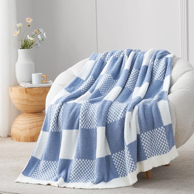 Snuggle Sac Checkered Blanket, Blue Throw Blanket for Couch Plaid Microfiber Fluffy Warm Fuzzy Cozy Soft Throw Blanket Reversible Checkered Blankets for Sofa, Chair, Bed, 50x60 inches