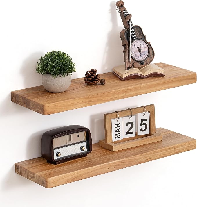 Floating Shelves for Wall, 24"Wx8"D Rustic Solid Elm Wood Floating Shelves Wall Mounted, Round Edge Wall Shelves with Invisible Bracket for Living Room Bathroom Bedroom Kitchen, Set of 2, Natural