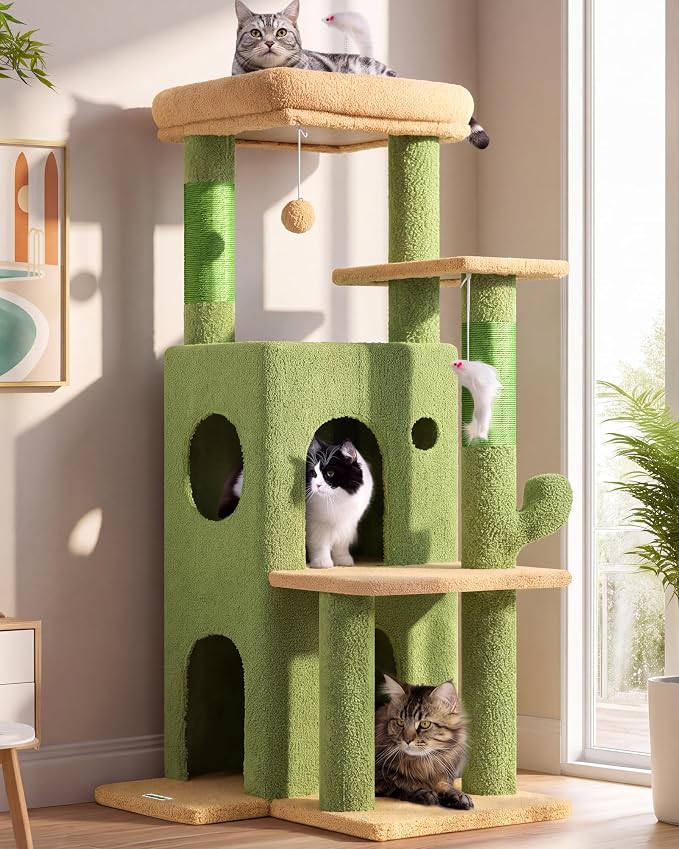 Globlazer Cactus Cat Tree Tower for Indoor Cats, 50-inch Adult Cat Tree House for Large Adult Cats with Steps, Scratching Post, 2 Cat Caves, Dangling Toys, FC50, Green