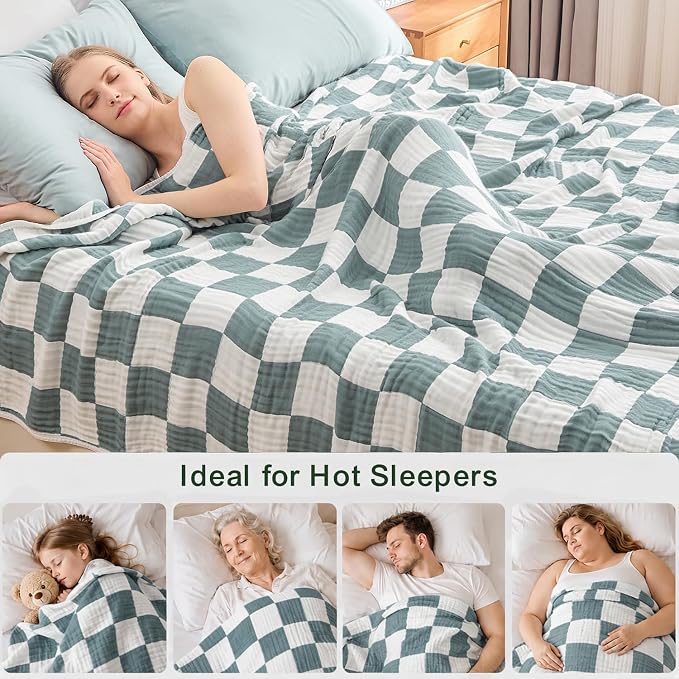 EMME Cooling Muslin Queen Blanket for Bed - Checkered Lightweight Summer Cotton Blankets of Rayon Derived from Bamboo for Hot Sleepers, Ultra Soft Breathable Gauze