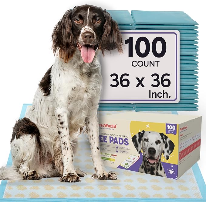 PETSWORLD Giant Dog Potty Pads, Odor-Eliminating, 36" x 36", Ultra Absorbent 5-Layer Leak-Proof Training Pads for Dogs & Cats (36x36 Health Indicating, 100 Count)