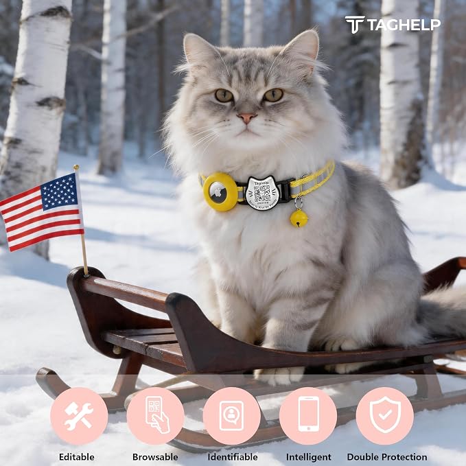 Cat Collar with AirTag Holder, QR Code Tag and Bell (Yellow)