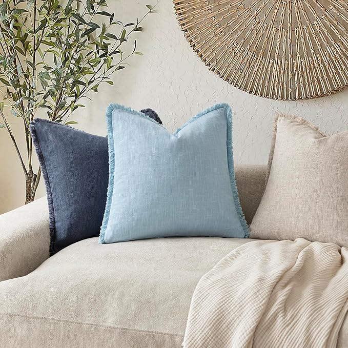 Foindtower Set of 2 Decorative Linen Fringe Throw Pillow Covers Cozy Boho Farmhouse Cushion Cover with Tassels Soft Accent Pillowcase for Couch Sofa Bed Living Room Home Decor,18×18 Inch,Light Blue