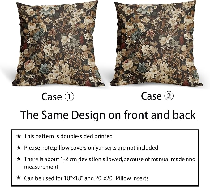 Deep Brown Vintage Floral Pillow Covers 16X16 Inch Set of 2 Boho Ivory White Flower Botanical Decorative Square Pillow Cases Rustic Bohemian Cushion Case Farmhouse Home Decor for Sofa Couch