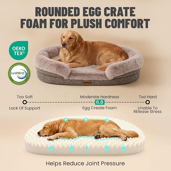 Fluffy Orthopedic Dog Beds Large Sized Dog, 36" Bolster Sofa Bed | Soft plush faux fur,lowered entry,washable cover,waterproof liner,claming dog couch for x-large dogs,supportive bolster