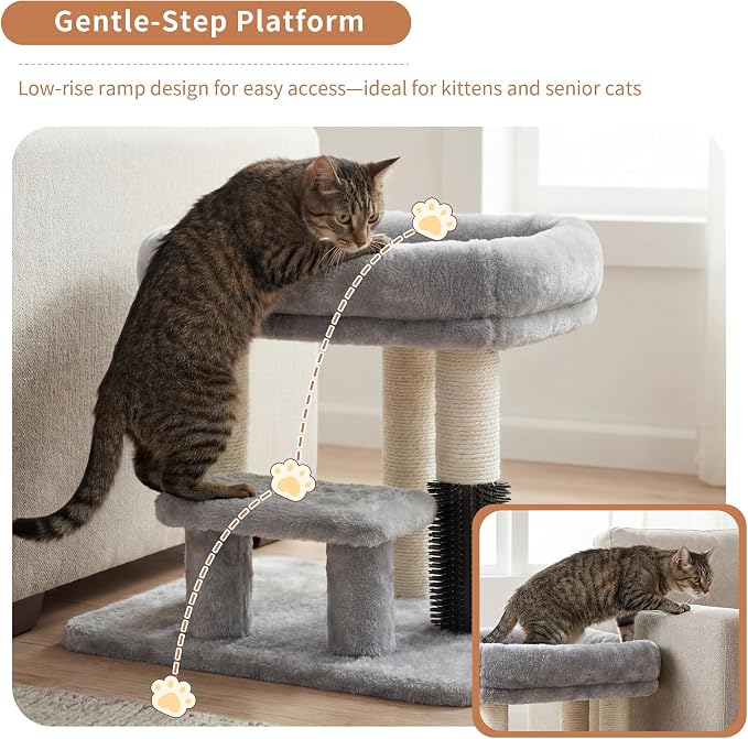 Heybly Cat Scratching Post with Grooming Brush & Gentle Step, HSP001SW | Small Cat Tree with 4 Full Sisal Posts, Removable Plush Bed, Stable & Space-Saving Cat Furniture for Indoor Cats, Light Gray