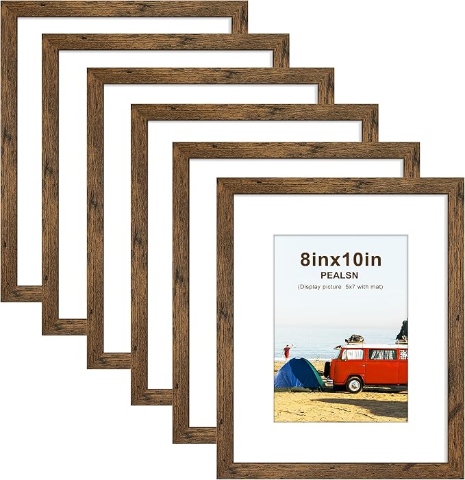 8x10 Picture Frame Set of 6, Wall or Tabletop Display, Rustic Brown | Display Pictures 5x7 with Mat or 8x10 Without Mat, Horizontal or Vertical, Gallery Wall Frame Set, Wedding Birthday Gifts