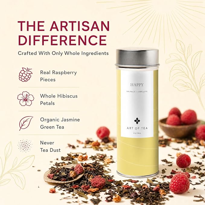 Art of Tea Happy Tea 2oz Loose Leaf Green Tea Tin, Fruity Jasmine Green Tea with Raspberry & Hibiscus, Premium Loose Leaf Tea for Natural Energy Support