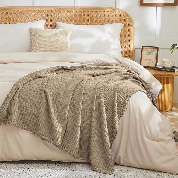EMME Muslin Blankets for Adults Throw Blanket for Couch Breathable Gauze Soft Lightweight Airy Tan Throw 50" x 60"