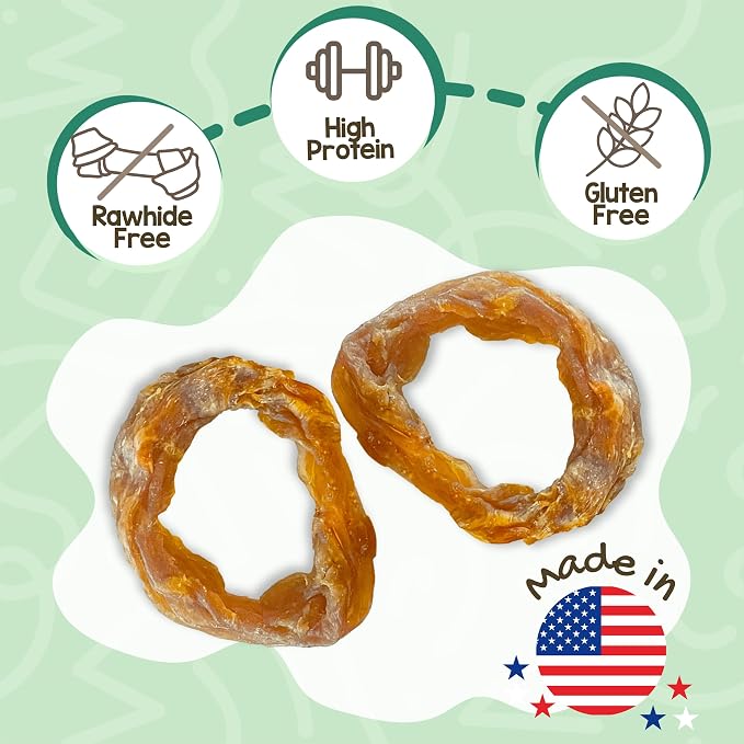 Nature Gnaws USA Turkey Tendon Rings Dog Treats, 8 oz | Grain Free Reward Snack for Small, Medium & Large Breeds - Premium Natural Dog Chew Treats - No Artificial Preservatives