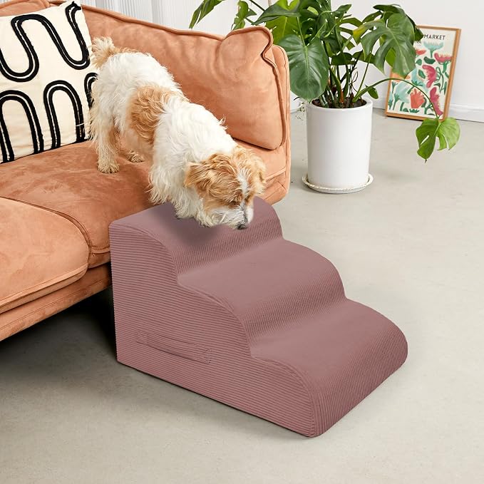 Mesa Lemon 3 Step Dog Stairs Pet Ramp for High Beds, Sofas and Cars | High Density Foam, Non-Slip Bottom, Removable Washable Cover, Portable Handle, Holds Up to 50 lbs, 16 Inch Height