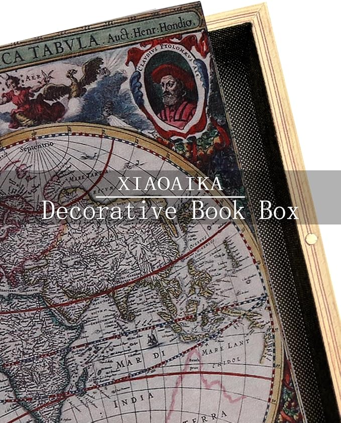 Decorative Wooden Book Box - Vintage Faux Book Boxes for Home Decor, Secret Storage with Magnetic Closure, Antique Style, Map Leather Cover Design, Perfect for Home Office Bookshelf, 10x7x1.6 Inches