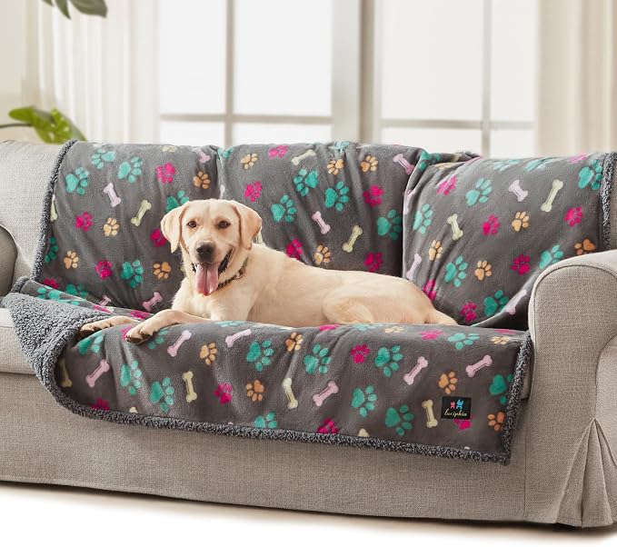 Luciphia Waterproof Dog Blanket Reversible Sherpa Fleece for Large Dogs Cat | Soft Print Pet Blanket Washable Pee Proof, Furniture Protector for Couch Sofa Bed Car, Cozy Throw (65" x 57", Grey Bone)