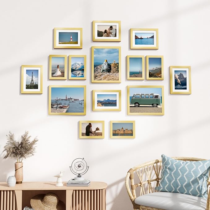 Vittanly 15 Pack Picture Frames Collage Wall Decor, Wall/Tabletop Display | Gold, Multi-Size Gallery Wall Frame Set: 3pcs 8x10, 6pcs 5x7, 6pcs 4x6. Picture Frame Set for Family