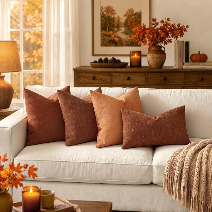 MIULEE Textured Chenille Fall Throw Pillow Covers 22x22 Inch Burnt Orange | Pack of 2 Decorative Soft Throw Pillows, Solid Textured Cushion Covers, Modern Home Decor for Couch Sofa Bedroom Living Room