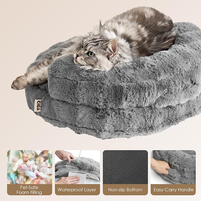 EHEYCIGA Soft Cat Couch Bed for Indoor Cats, Fluffy Small Dog Bed with Removable Washable Cover, Bolster Pet Sofa, Waterproof and Non-Slip, 24" x 24"x 7", Grey
