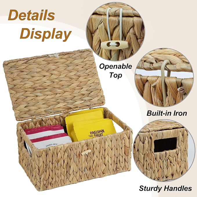 ORDELITE Water Hyacinth Wicker Storage Basket with Lid, Medium | Built-In Handles, Shelf Organizer Bin, Rectangular Woven Box, Multipurpose Home Storage, Natural Decor